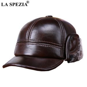 La Spezia Winter Baseball Caps met Bont Earflappen Mannen Echt Koe Lederen Warm Dikke Duckbill Hoed Mannelijke Luxe Bruin Lederen Hoed J1225