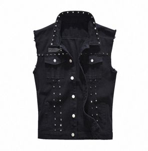 Laamei 2019 denim vest heren punk rock klinknagel cowboy zwarte jeans vest mode mode mannen motorfiets stijl mouwloze jeans jas 9 kWV7943089
