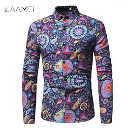 Laamei camisas estampadas de manga comprida masculina, vestido slim fit primavera outono estilo africano camisas de tamanho grande turn-down camisa havaiana 12893