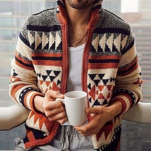 Laamei Men Autumn Sweater Jacket Fashion Geometries Gebreide uitklapen Coat Sweater Men Hooded Cardigan Vintage Sweater Jumper 201126