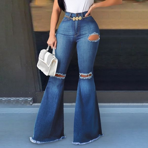 Laamei Femmes Taille Haute Denim Skinny Jeans Bell Bottom Ripped Slim Flare Jeans Femme Jambe Large Trous Pantalon Dames Plus La Taille 201105