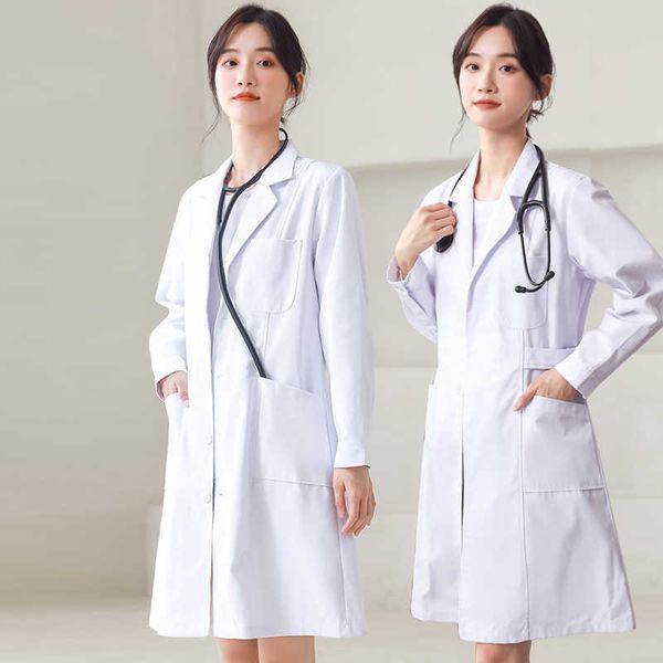 Blouse de laboratoire col cranté uniformes médicaux à manches longues uniforme d'infirmière coton médecin vêtements de travail à manches courtes robe d'infirmière blanc