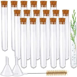 Fournitures de laboratoire 20 pièces Tubes à essai en plastique avec bouchons en liège et 2 entonnoirs 1 brosse pour Halloween Science Party Contenants de stockage de sel de bain de bonbons de Noël