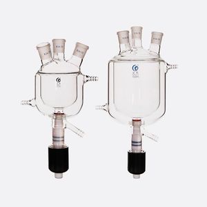 Suministros de laboratorio, botella de reacción con camisa de cuatro bocas con válvula de émbolo de PTFE, descarga de hervidor, matraz de Reactor de doble capa