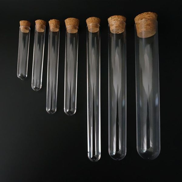 Fournitures de laboratoire Tube à essai en plastique avec liège transparent, bouteille rechargeable pour expérience, vente en gros, diamètre 12mm à 25mm, longueur 60mm 180mm