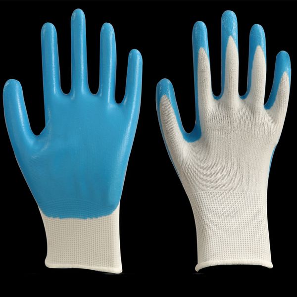 Labor Baoding guantes verdes guantes de nitrilo impregnados antideslizantes resistentes al desgaste hilo blanco azul guantes de goma azul al por mayor