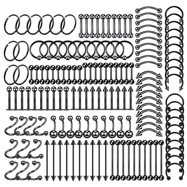 Labret Lip Piercing Jewelry 150PC Lote de cuerpo de acero Anillo de nariz a granel Barra de lengua Conjunto de cejas Paquete de herradura 230802