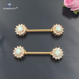 Labrret Lip Piercing Sieraden 2 PCSlot 14G Luxe Natural Opal Nipple Ring Tong Shield Rose Gold Roestvrij staal Barbell Sexy 230814
