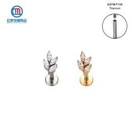 Labret Lip Piercing Jewelry ASTM 36 Filetage interne 4 Zircons Anneaux Leaf Ear Helix Stud 230802