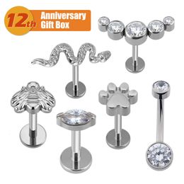 Labret Lip Piercing Jewelry Combinación 6PCS ASTM 36 Grado de implante 16G Estampado de pata de serpiente Abeja Marquesa CZ Labrets 14G Anillo para ombligo ombligo 230802