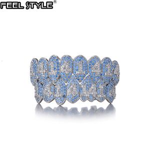 Labret Lip Piercing Jewelry Feel Style CZ Dents Caps Bling Blue Cubic Zircon Iced Out Micro Pave Top Bottom Charm Grills Set pour hommes femmes Gi 230614
