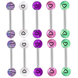 Labret Lip Piercing Sieraden hart 14g Acryl Plastic Tong Ringen Pack voor Vrouwen Roze Print Hart bar mix kleur whol 230906