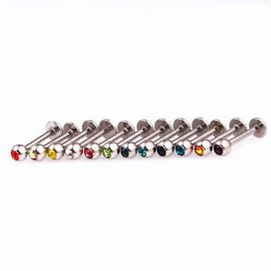 Labret Ring Lip Piercing Stud Crystal Gem Stone Fashion Body Jewelry 316L Acier inoxydable 16G 6mm 8mm 10mm barre oreille Tragus Bone233t