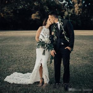 Lace 2019 Volledige hoge lage zeemeerminjurken Mouwloze kapel trein juweel nek tuin strand land bruiloft jurken vestido de novia