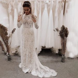 Lace 2023 Boho Mermaid Wedding Jurken Bruienjurk lange mouwen vegen trein juweel nek op maat gemaakte vestidos de novia plus size strandtuin