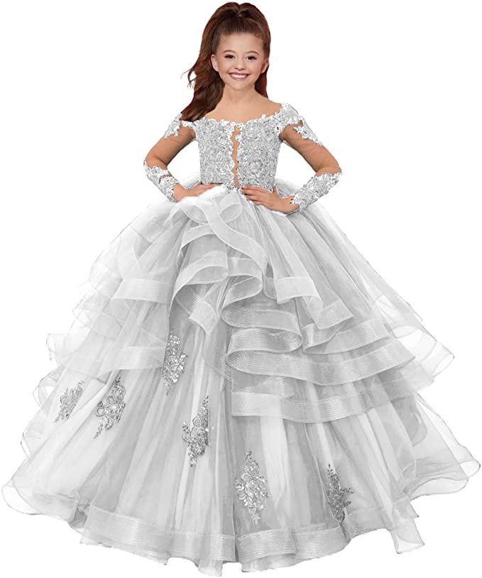 Lace 2023 Luxe kralen bloemenmeisje jurken baljurk tule lange mouwen tutu lilttle kinderen verjaardag optocht bruiloft jurken zj5161 s s