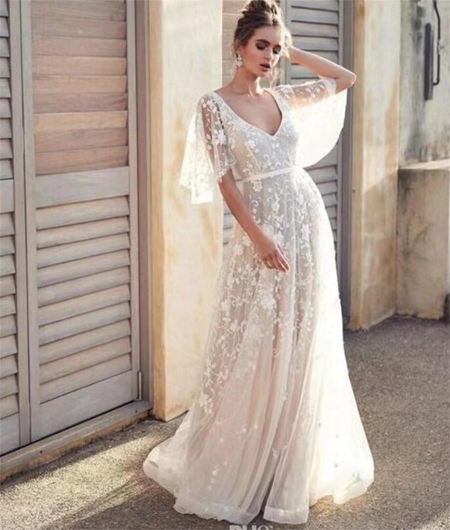 Bridal Wedding Dress Lace A-Line V-hals klänning korsett bodice långa ärmar Brud FN10161