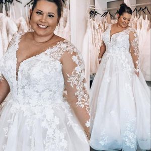 Robe de mariée en dentelle A-line plus taille illusion manches longues appliques vintage V couche-cou longueur Bridal Bridal Robe de Mariee Designer Mariage Robes 403