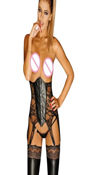 Corsé debajo del busto de encaje y aspecto húmedo, lencería, corpiño Sexy fetiche de cuero de Pvc, ramillete para mujer, liguero, corsé de talla grande 6632711