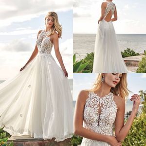 Lace Applique Boho jurk Mouwloze juweel halslijn plus size trouwjurken illusie goedkope bruidsjurk op maat gemaakt
