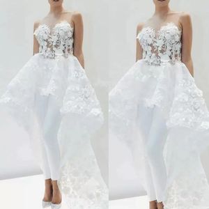 Kant applique bruids jumpsuits met trein voor vrouwen elegante 2022 3D floral afneembare rok wit prom broek pak jurk