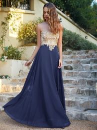 Lace Applique Elegant Long Bruidsmeisje Sexy doorzichtige achterkant avondjurk Mesh Neck Prom jurk vestidos de gala CPS620