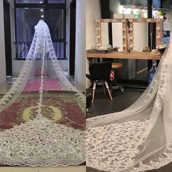 Voile De mariée élégant en dentelle, longueur cathédrale perlée, une couche de 3 M de Long, voile de mariée blanc ivoire, bord appliqué Velo De Novia Elegante