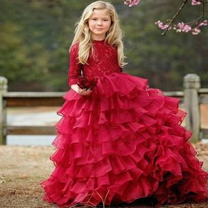 Kant geappliceerd bloem meisjes jurken voor bruiloften zachte roze kralen kleine baby baljurken puffy rokken communie pageant jurk