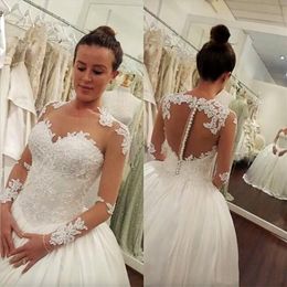 Lace Appliques 2023 lange mouwen baljurk trouwjurk juweel pure nek illusie terug bedekte knop bruidsjurken s s s