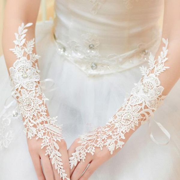 Apliques de encaje Beads Guantes de novia Blanco Guante de boda elegante de la boda el codo largo