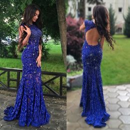 Kant-Applicaties Kralen Mouwloze Mermaid Royal-Blue Gorgeous Prom Dress See Through Lace Avondjurk Vestidos de Graduacion