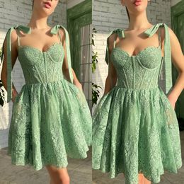 Koer Appliques Zoete groene jurken Spaghetti Korte Mini Tail Homecoming Jurk Rits terug