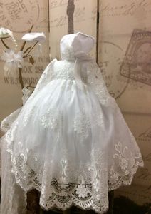 Robe de bal en dentelle robe de baptême bébé tenues de baptême blanches avec manches longues formelle infantile fille première communion avec Bonnet254L