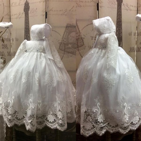 Robe de bal en dentelle bébé robe de baptême blanc tenues de baptême avec manches longues formel infantile fille première Communion avec Bonnet264E