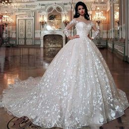 Lace Ball Jurk Princess Wedding Jurken Court Trein lange mouwen schep nek elegante romantische bruidsjurken aanpassen raad de mariiee 2024 s