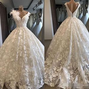 Lace Ballgown 2020 Jurken Neck Applique V Riets Backless Feather Sweep Train Custom Made Wedding Gown Vestido de Novia Estido