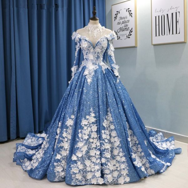 Dentelle perlée col haut Robe De bal robes De bal étincelle paillettes saoudien arabe bleu clair femmes robes De soirée Robe De soirée