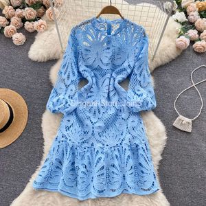 Dentelle Bleu Nouvelles robes décontractées Été Solide Slim Full Lady Robe Une Ligne O Cou En Mousseline De Soie Pull Mi-mollet Taille Haute Femmes Robes 2023