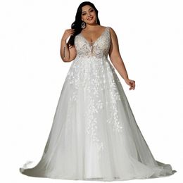 Kant Boho Wedding Dres 2023 Voor Plus Size Vrouwen Bruid Sleevel Een Lijn Ivoor V-hals Wit Curve Bruidsjurk i95s #