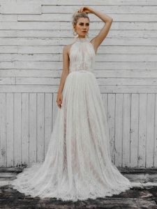 Lace Boho Robes de mariée Bouche nuptiale Boue nuptiale Boutons recouverts de cou High Illusion Back Sweep Train sans manches sur mesure