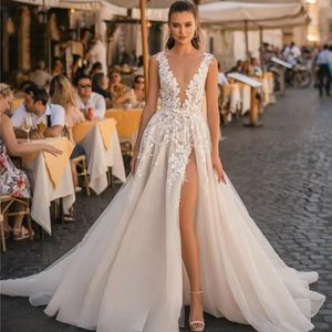 Robe de mariée en dentelle style Boho, ligne a, élégante, sans manches, avec application 3D, fente latérale, Sexy, dos nu