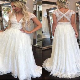 Lace Boho trouwjurken Sexy V Neck Backless strand trouwjurk een lijn vol kant rustieke landelijke bruiloftjurken voor vrouwen goedkope bruids 260J