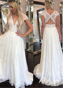 Kant boho trouwjurken sexy v-hals backless strand trouwjurk een lijn full lace rustieke land bruidsjurken voor vrouwen goedkope bruids