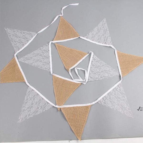 Dentelle Jute Triangle Bannière Décoration Mariage Baby Shower et Fête 12 Drapeaux Blanc Floral Dentelle Collection Rustique Lin Pennant CCF11662