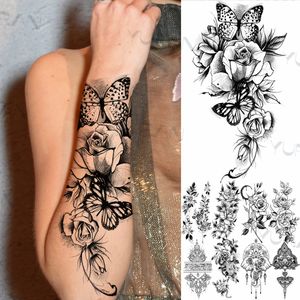 Dentelle papillon Rose tatouage temporaire pour femmes adulte henné éléphant pendentif lune fleur faux Tatoo étanche bras tatouage autocollant