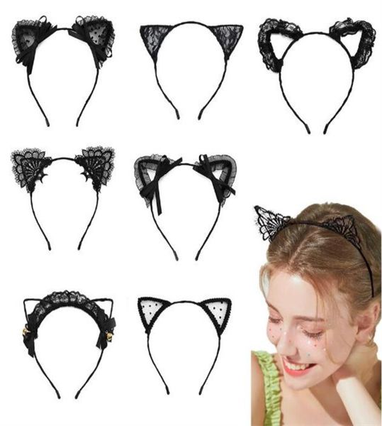 Diadema con orejas de gato de encaje para mujeres y niñas, aro para el pelo, decoración de fiesta, disfraz de Halloween, accesorios para el cabello GC18953544552