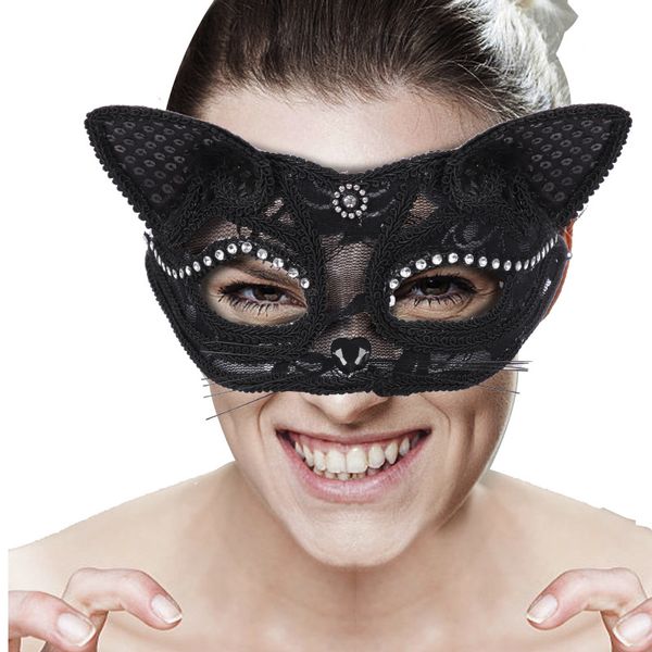 Máscara de encaje de gato/Gatto para mujer, Halloween, Pascua, Mardi Gras, disfraz de fiesta, accesorios de mascarada, máscara de PVC PD16003B
