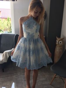 Kant Goedkope Cocktail Korte Prom Dresses Sheer Hals Hollow Terug Een lijn Applique Geplooide Homecoming Party Graduation Dress Jurken 2018