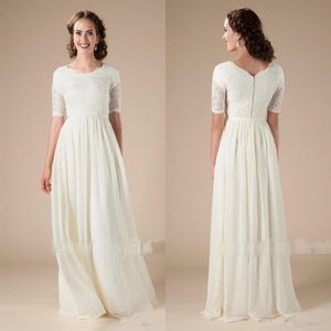 Kant Chiffon Boho Bescheiden Trouwjurken Met Korte Mouwen Boho Bruidsjurken A-lijn Vloerlengte Receptie Informeel LDS Trouwjurk3315