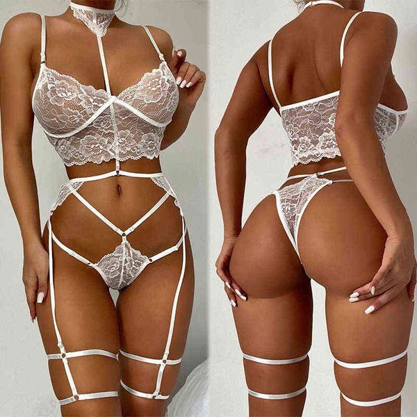 Gargantilla de encaje Halter Conjunto de sujetador transparente Mujeres Tirantes Ropa interior Sujetador Liguero Conjunto de tanga Erótico caliente Come Conjunto de lencería sexy L220727